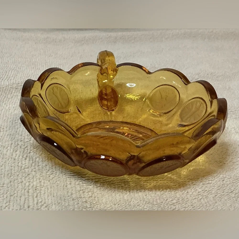 Fostoria Amber Coin Nappy Dish Glass 1887 Liberty Eagle Torch Pattern Handle Vtg